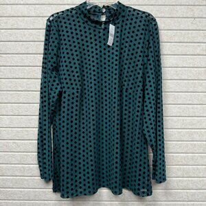 Lane Bryant Women’s 18/20 Teal Polka Dot Mesh Long Sleeve Mock Neck Blouse NWT
